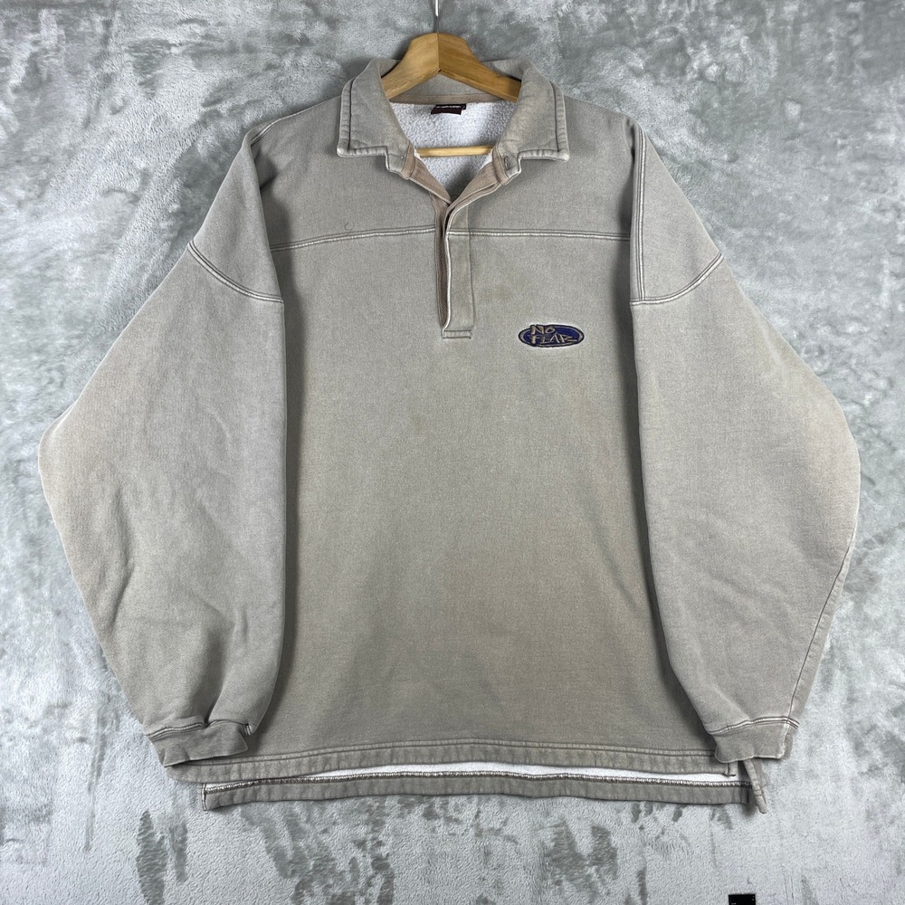 Vintage No Fear Pullover Men Large Gray 1/4 Button Rugby Sweatshirt Long Sleeve